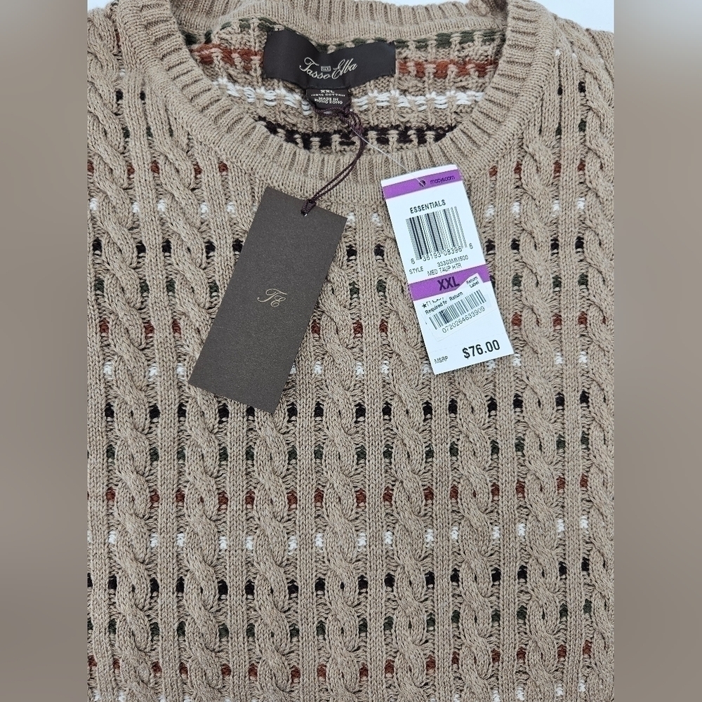 NWT Tasso Elba TAN Multicolored 100% Luxury Cotton Knit Pull Over Sweater XXL